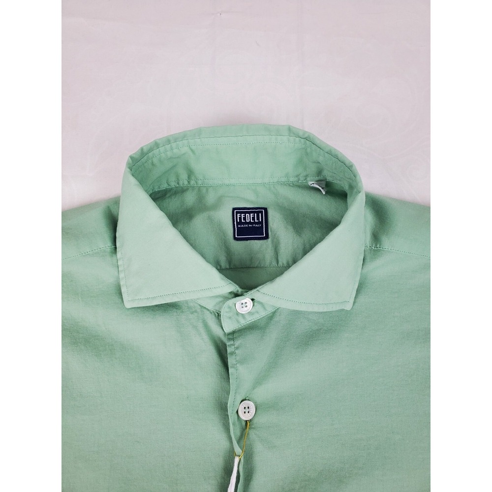 Fedeli Shirt Men 15-3/4 Green Button Up Sean Panamino Dusty Long Sleeve Italy